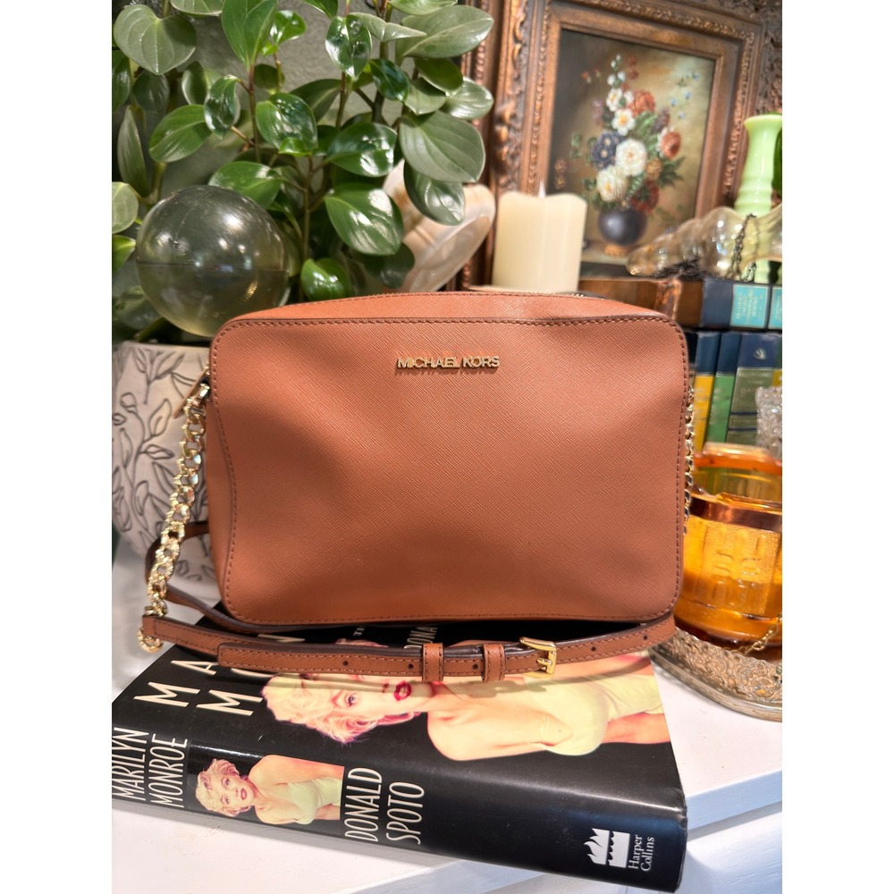 Michael Kors Jet Set Large East West Crossbody Bag Luggage Saffiano Leather Tan
